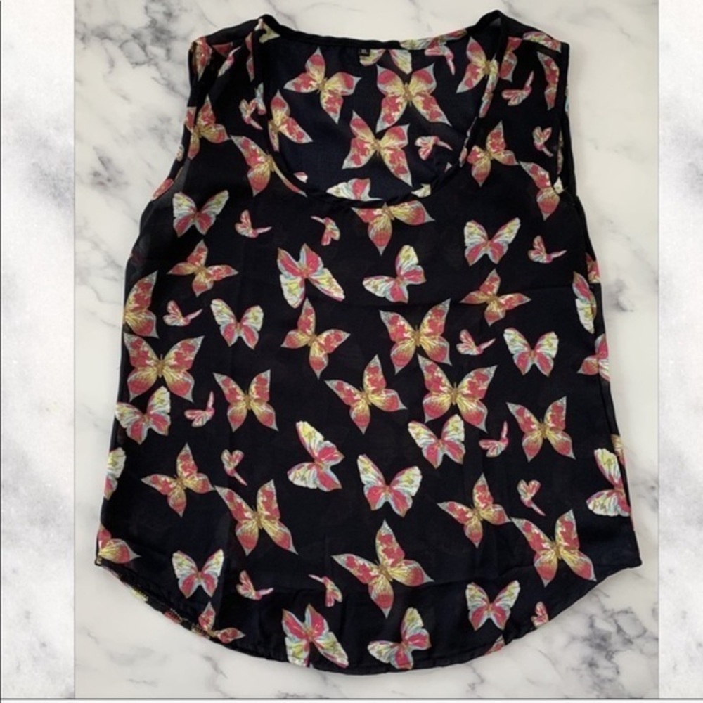 Navy Flowy Tank Top Shell With Butterflies